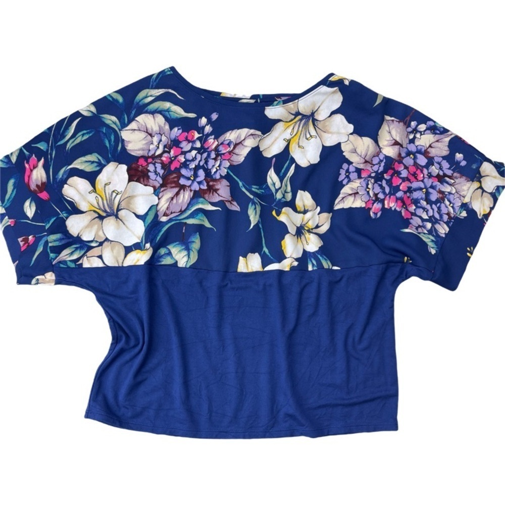 ✅ Chico’s Blue Floral print Wide short sleeve Blouse top size Petite women’s 4-6
